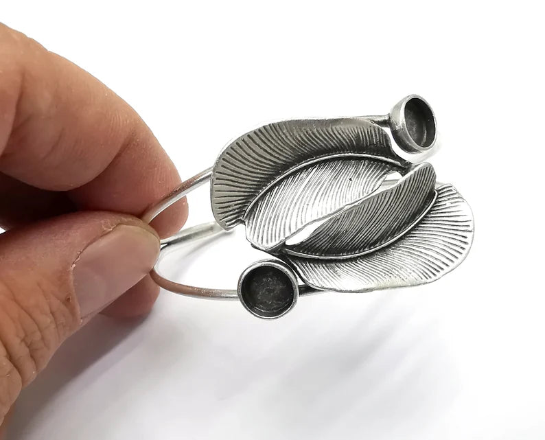 Feathers Bracelet Bezel Blank Resin Bezel Cabochon Cuff Base Settings Adjustable Bracelet Antique Silver Plated Brass (8mm) G33146