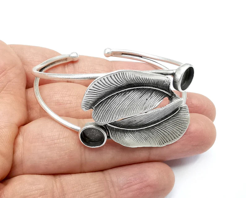 Feathers Bracelet Bezel Blank Resin Bezel Cabochon Cuff Base Settings Adjustable Bracelet Antique Silver Plated Brass (8mm) G33146