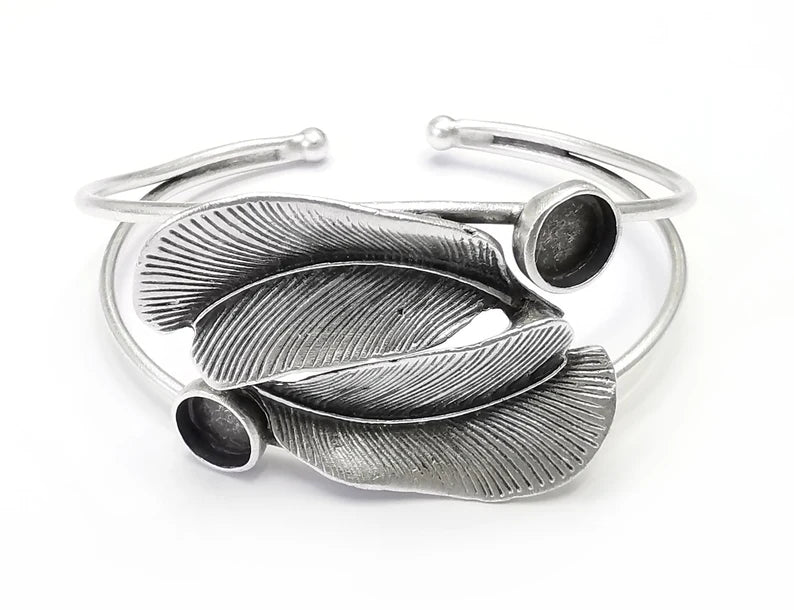 Feathers Bracelet Bezel Blank Resin Bezel Cabochon Cuff Base Settings Adjustable Bracelet Antique Silver Plated Brass (8mm) G33146