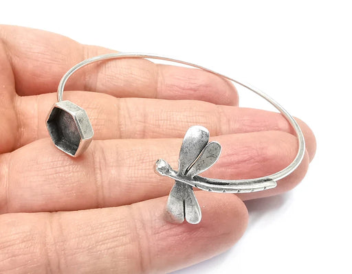 Dragonfly Bracelet Bezel Blank Resin Bezel Cabochon Cuff Base Settings Adjustable Bracelet Antique Silver Plated Brass (10mm) G33142