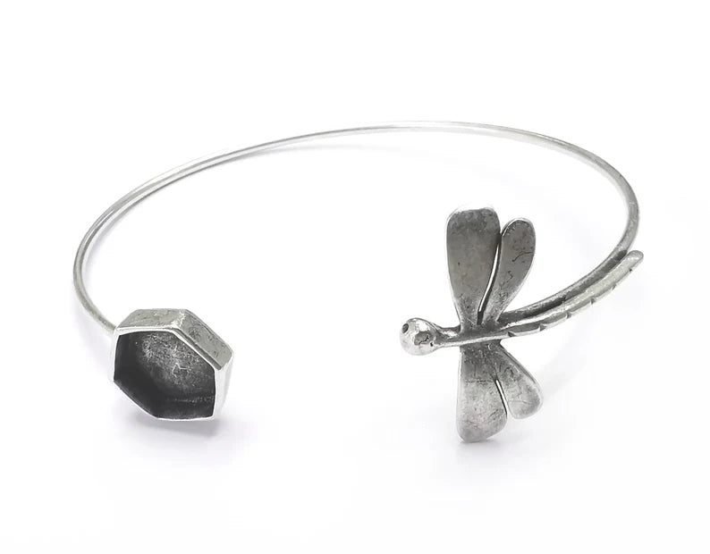 Dragonfly Bracelet Bezel Blank Resin Bezel Cabochon Cuff Base Settings Adjustable Bracelet Antique Silver Plated Brass (10mm) G33142