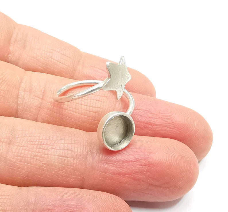 Star Ring Blank Setting, Cabochon Mounting, Adjustable Resin Ring Base Bezels, Antique Silver Plated (8mm) G33046