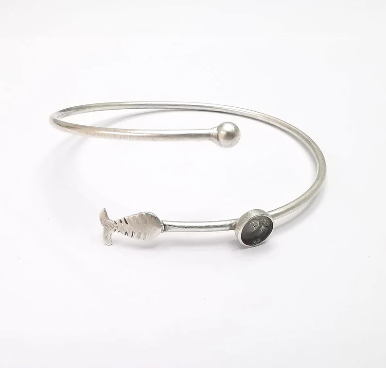 Fish Bracelet Bezel Blank Resin Bezel Cabochon Cuff Base Settings Adjustable Bracelet Antique Silver Plated Brass (6mm Bezel) G33053