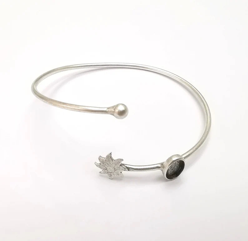 Sun Bracelet Bezel Blank Resin Bezel Cabochon Cuff Base Settings Adjustable Bracelet Antique Silver Plated Brass (8x6mm Bezel) G33056