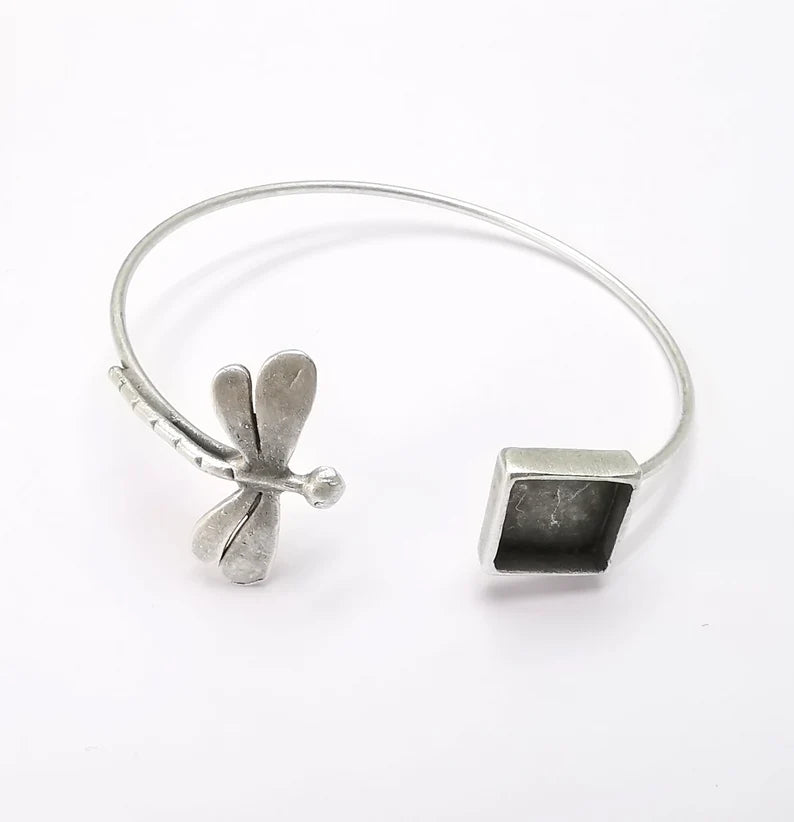 Dragonfly Square Bracelet Bezel Blank Resin Bezel Cabochon Cuff Base Settings Adjustable Bracelet Antique Silver Plated Brass (10mm) G33155