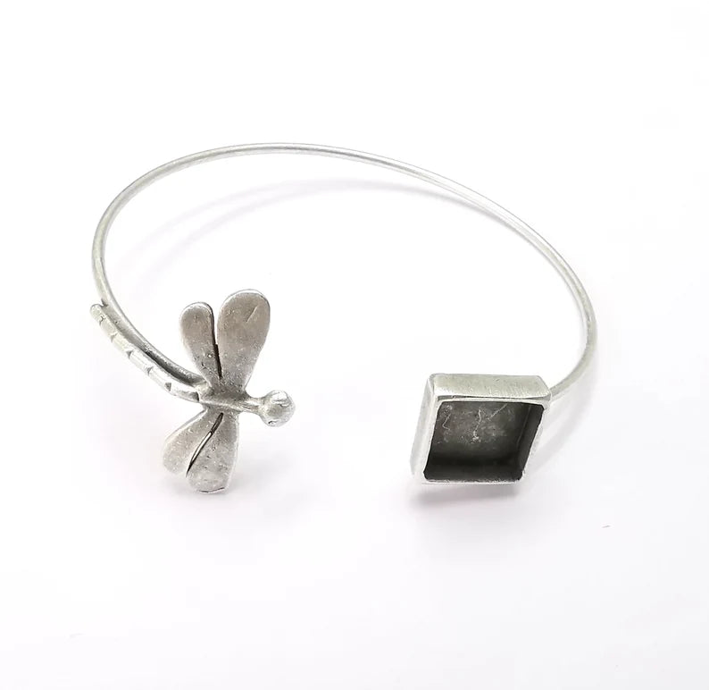 Dragonfly Square Bracelet Bezel Blank Resin Bezel Cabochon Cuff Base Settings Adjustable Bracelet Antique Silver Plated Brass (10mm) G33155
