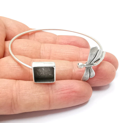 Dragonfly Square Bracelet Bezel Blank Resin Bezel Cabochon Cuff Base Settings Adjustable Bracelet Antique Silver Plated Brass (10mm) G33155