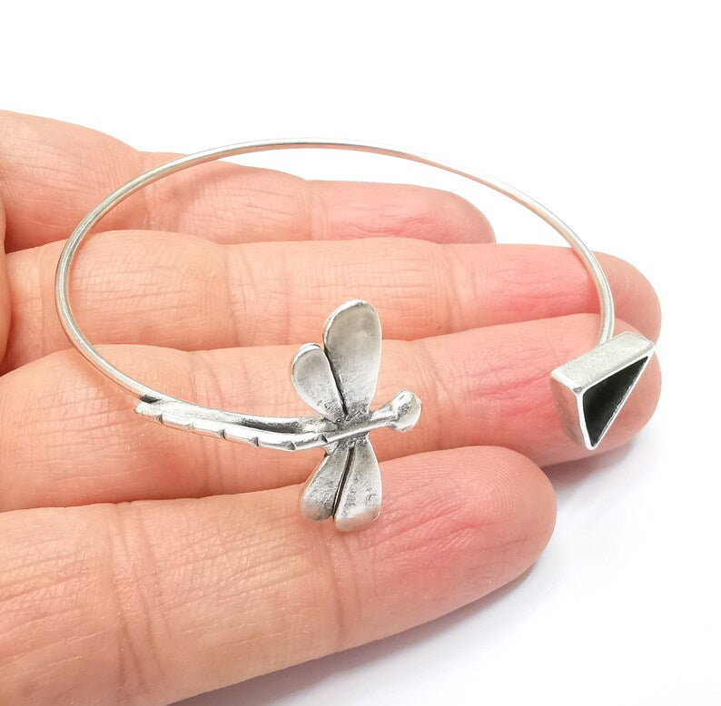 Dragonfly Triangle Bracelet Bezel Blank Resin Bezel Cabochon Cuff Base Setting Adjustable Bracelet Antique Silver Plated Brass (10mm) G33160