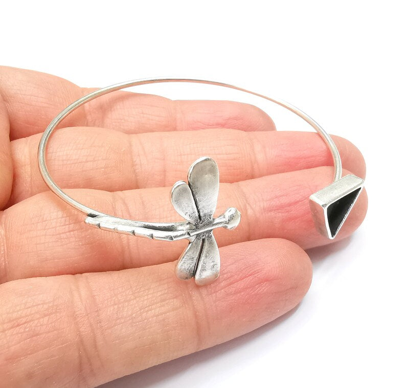 Dragonfly Triangle Bracelet Bezel Blank Resin Bezel Cabochon Cuff Base Setting Adjustable Bracelet Antique Silver Plated Brass (10mm) G33160