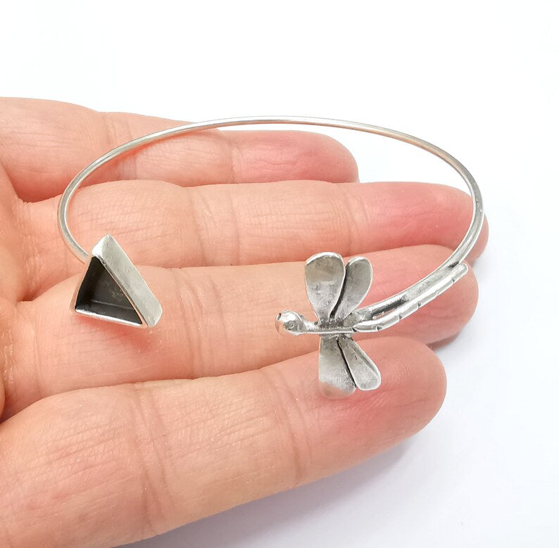 Dragonfly Triangle Bracelet Bezel Blank Resin Bezel Cabochon Cuff Base Setting Adjustable Bracelet Antique Silver Plated Brass (10mm) G33160