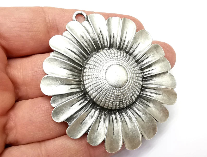 Sunflower Flower Pendant, Antique Silver Plated Pendant (69x65mm) G33071