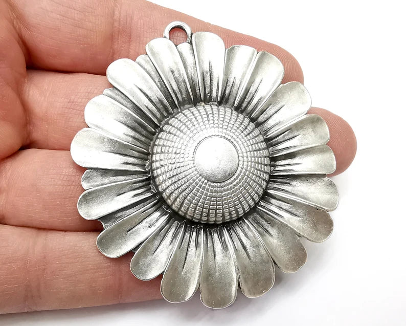 Sunflower Flower Pendant, Antique Silver Plated Pendant (69x65mm) G33071