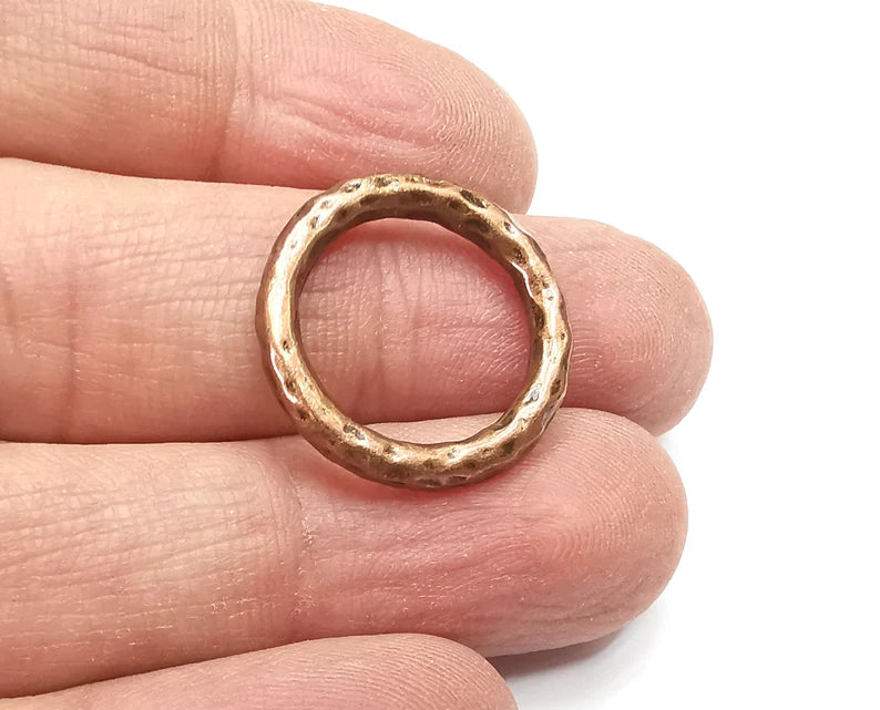 2 Hammered Round Connector Charms Antique Copper Plated Findings (22mm) G33077
