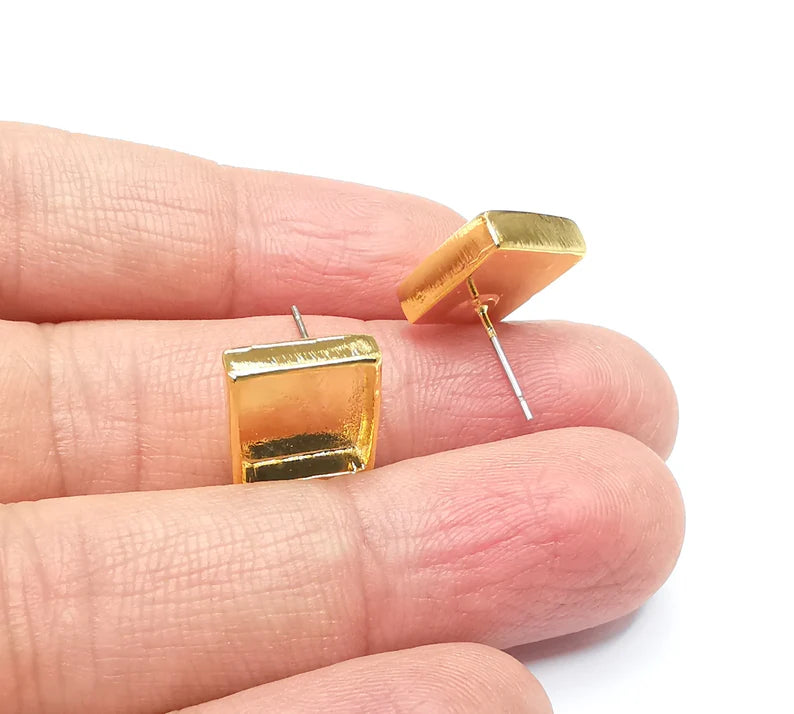 Gold Square Blank Earring Bezel Set Base Shiny Gold Plated Brass Earring Stud Base (10mm blank) G33178
