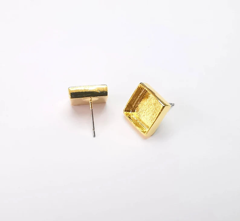Gold Square Blank Earring Bezel Set Base Shiny Gold Plated Brass Earring Stud Base (10mm blank) G33178