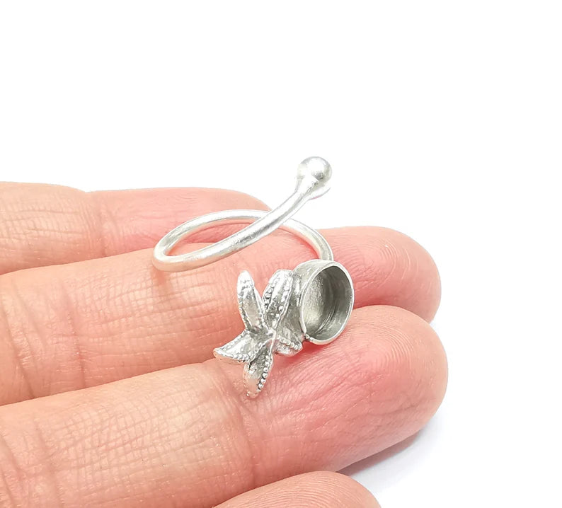 Starfish Ring Blank Setting, Cabochon Mounting, Adjustable Resin Ring Base Bezels, Antique Silver Plated Brass Ring (8mm) G33179