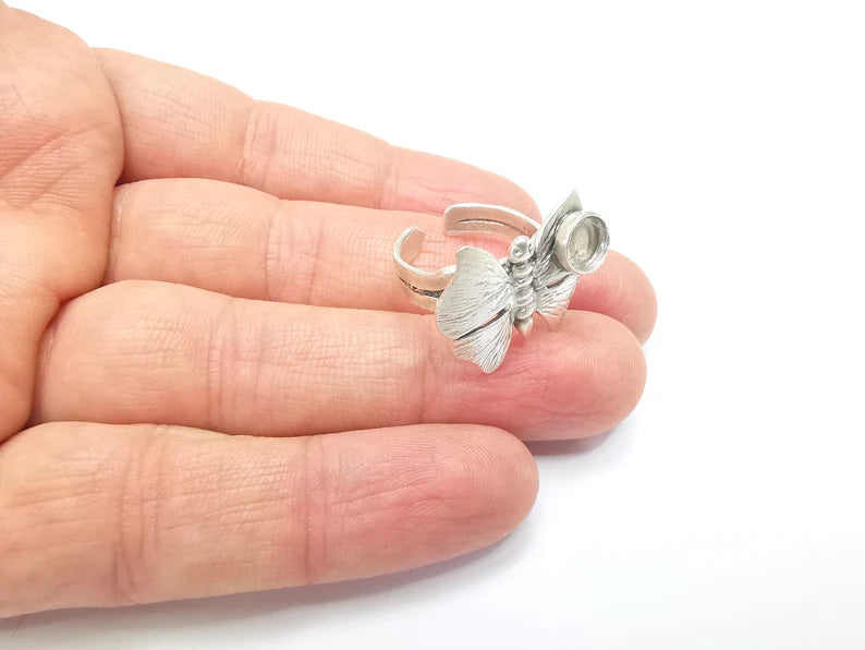 Butterfly Ring Blank Setting, Cabochon Mounting, Adjustable Resin Ring Base Bezels, Antique Silver Plated Brass Ring (6mm) G33182