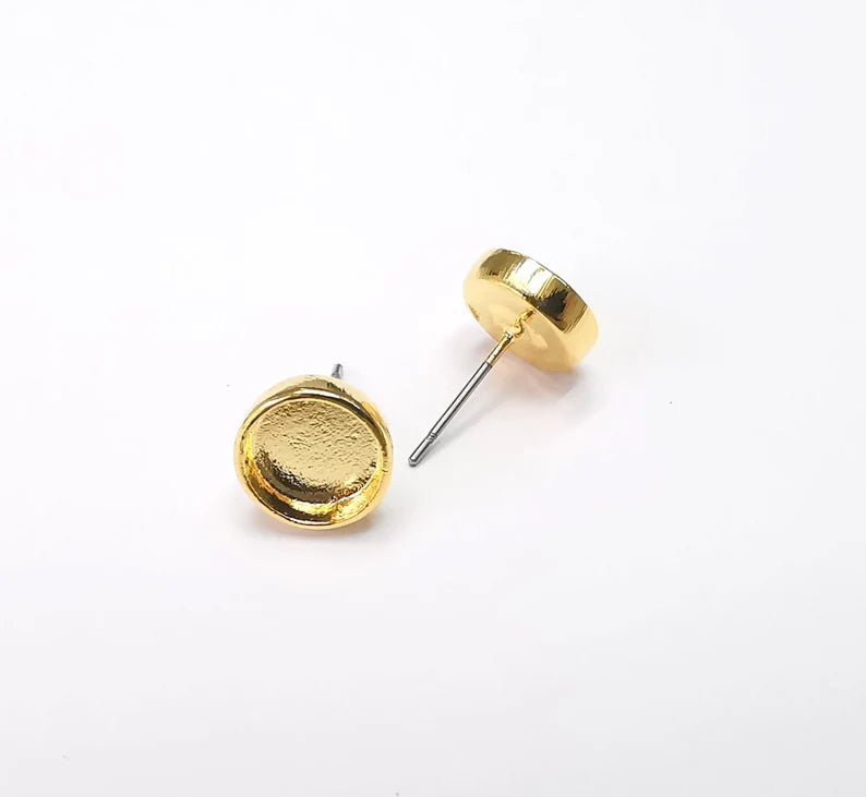 Gold Round Blank Earring Bezel Set Base Shiny Gold Plated Brass Earring Stud Base (8mm blank) G33183