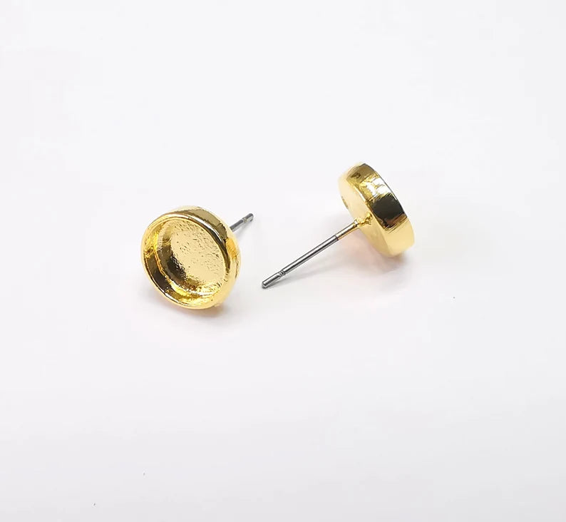 Gold Round Blank Earring Bezel Set Base Shiny Gold Plated Brass Earring Stud Base (8mm blank) G33183