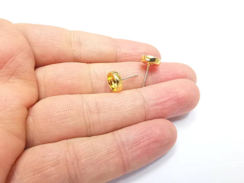 Gold Round Blank Earring Bezel Set Base Shiny Gold Plated Brass Earring Stud Base (8mm blank) G33183