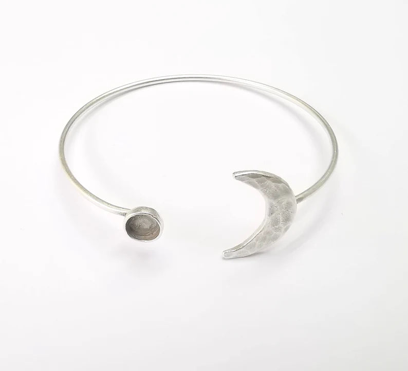 Crescent Moon Bracelet Bezel Blank Resin Bezel Cabochon Cuff Base Setting Adjustable Bracelet Silver Plated Brass (6mm Bezel) G33187