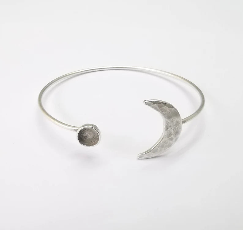 Crescent Moon Bracelet Bezel Blank Resin Bezel Cabochon Cuff Base Setting Adjustable Bracelet Silver Plated Brass (6mm Bezel) G33187