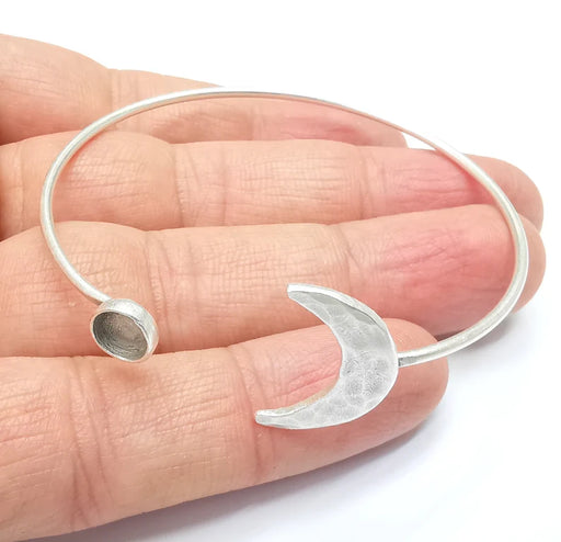 Crescent Moon Bracelet Bezel Blank Resin Bezel Cabochon Cuff Base Setting Adjustable Bracelet Silver Plated Brass (6mm Bezel) G33187