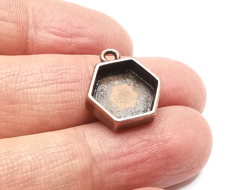 2 Hexagonal Pendant Blanks, Resin Bezel Bases, Mosaic Mountings, Dry flower Frame, Polymer Clay base, Antique Copper Plated (12mm) G33192