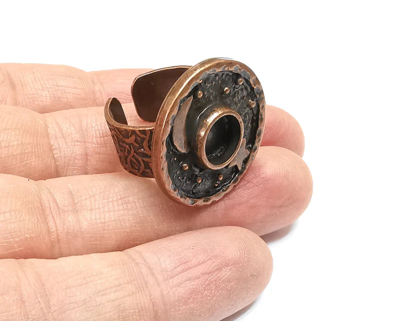 Moon and Star Ring Blank Setting, Cabochon Mounting, Adjustable Resin Ring Base, Antique Copper Inlay Mosaic Ring Bezel (8mm) G33086
