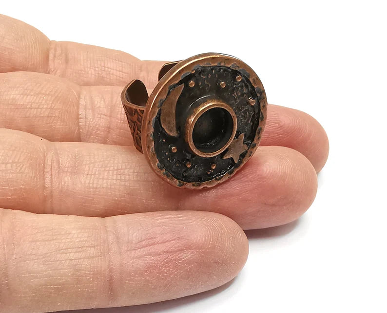 Moon and Star Ring Blank Setting, Cabochon Mounting, Adjustable Resin Ring Base, Antique Copper Inlay Mosaic Ring Bezel (8mm) G33086