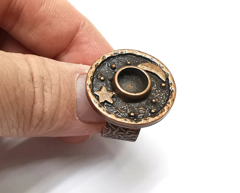 Moon and Star Ring Blank Setting, Cabochon Mounting, Adjustable Resin Ring Base, Antique Copper Inlay Mosaic Ring Bezel (8mm) G33086