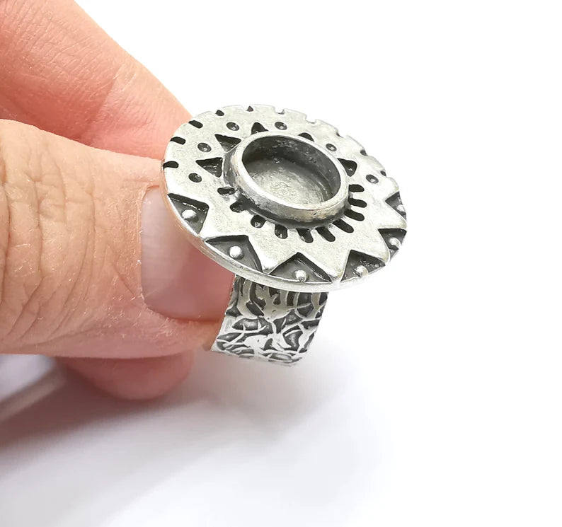 Silver Ring Blank Setting, Cabochon Mounting, Adjustable Resin Ring Base Bezels, Antique Silver Inlay Ring Mosaic Ring Bezel (10mm) G33209