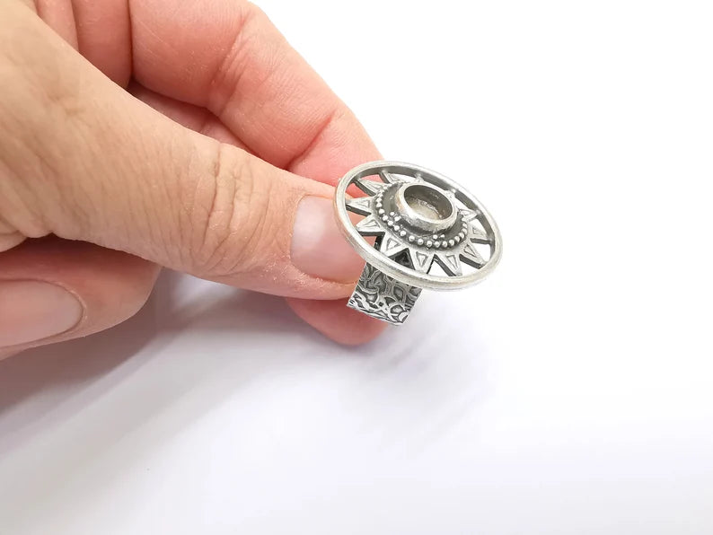 Silver Ring Blank Setting, Cabochon Mounting, Adjustable Resin Ring Base Bezels, Antique Silver Inlay Ring Mosaic Ring Bezel (8mm) G33210
