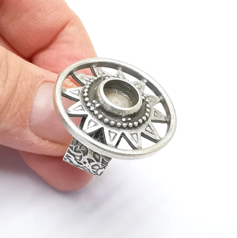 Silver Ring Blank Setting, Cabochon Mounting, Adjustable Resin Ring Base Bezels, Antique Silver Inlay Ring Mosaic Ring Bezel (8mm) G33210