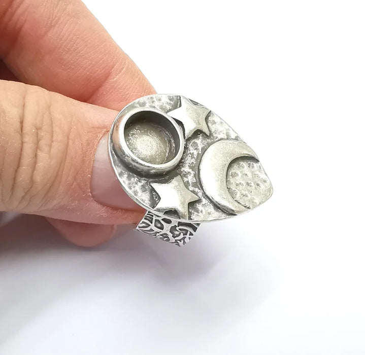 Star and Moon Ring Blank Setting, Cabochon Mounting, Adjustable Resin Base, Inlay Ring Mosaic Ring Bezel Antique Silver Plated (10mm) G33211