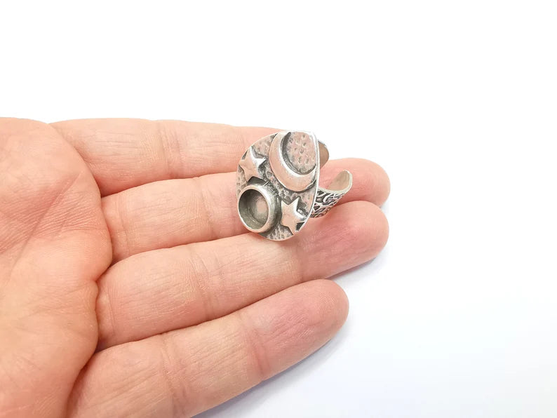 Star and Moon Ring Blank Setting, Cabochon Mounting, Adjustable Resin Base, Inlay Ring Mosaic Ring Bezel Antique Silver Plated (10mm) G33211