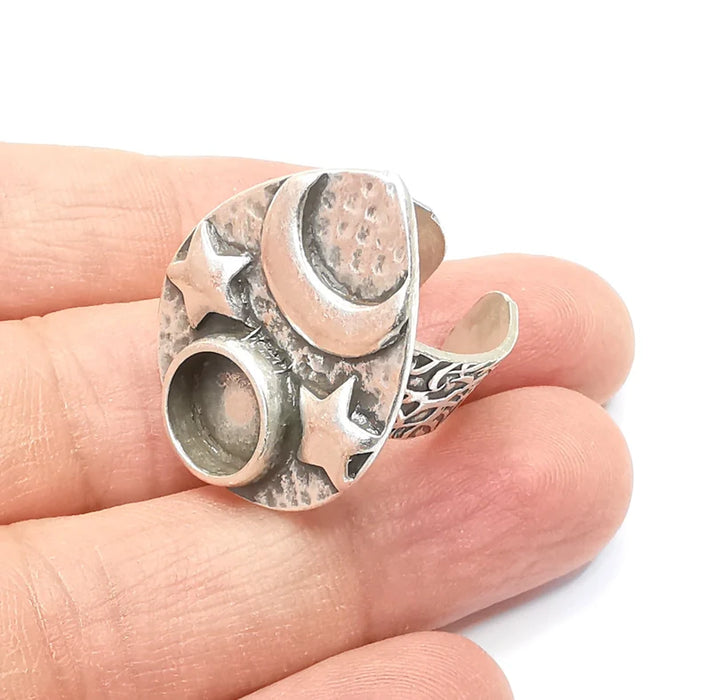 Star and Moon Ring Blank Setting, Cabochon Mounting, Adjustable Resin Base, Inlay Ring Mosaic Ring Bezel Antique Silver Plated (10mm) G33211