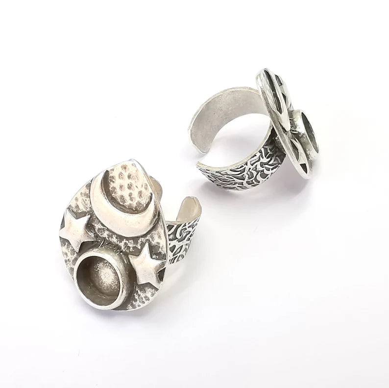 Star and Moon Ring Blank Setting, Cabochon Mounting, Adjustable Resin Base, Inlay Ring Mosaic Ring Bezel Antique Silver Plated (10mm) G33211