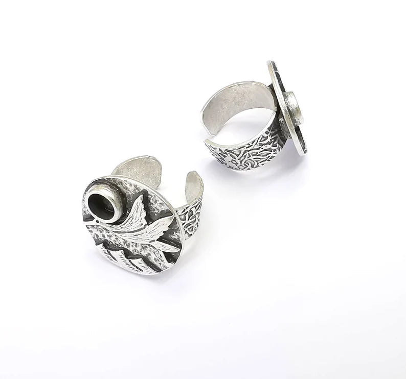 Bird Ring Blank Setting, Cabochon Mounting, Adjustable Resin Base, Inlay Ring Mosaic Ring Bezel Antique Silver Plated (6mm) G33212
