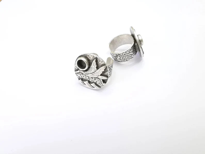 Bird Ring Blank Setting, Cabochon Mounting, Adjustable Resin Base, Inlay Ring Mosaic Ring Bezel Antique Silver Plated (6mm) G33212