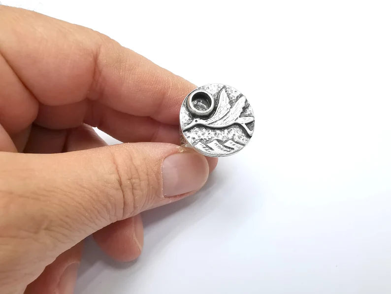 Bird Ring Blank Setting, Cabochon Mounting, Adjustable Resin Base, Inlay Ring Mosaic Ring Bezel Antique Silver Plated (6mm) G33212