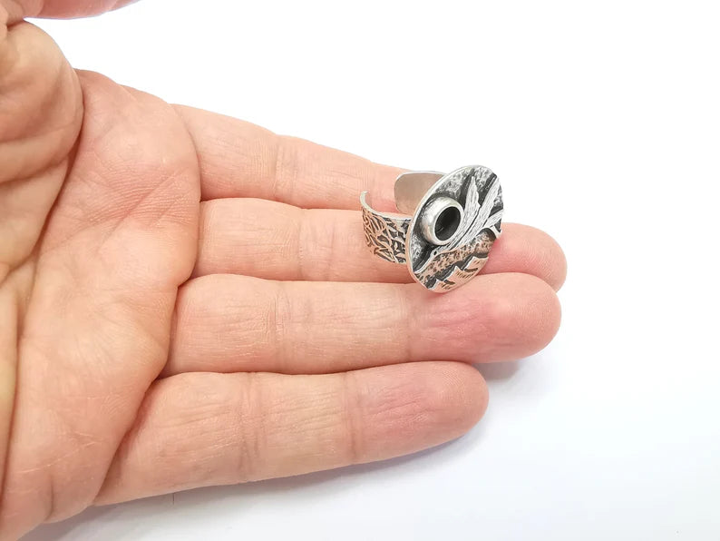 Bird Ring Blank Setting, Cabochon Mounting, Adjustable Resin Base, Inlay Ring Mosaic Ring Bezel Antique Silver Plated (6mm) G33212