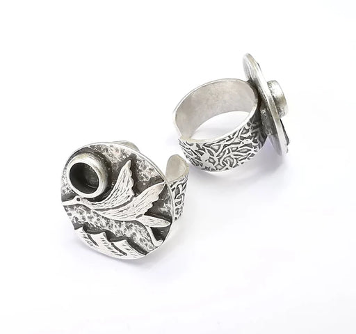 Bird Ring Blank Setting, Cabochon Mounting, Adjustable Resin Base, Inlay Ring Mosaic Ring Bezel Antique Silver Plated (6mm) G33212