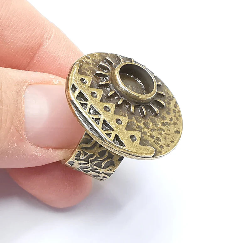 Sun Motif Ring Blank Setting, Cabochon Mounting, Adjustable Resin Base, Inlay Ring Mosaic Ring Bezel Antique Bronze Plated (8mm) G33213