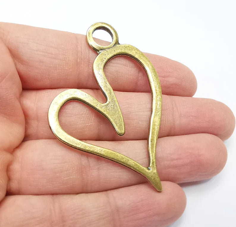 2 Hearts Charms, Antique Bronze Plated Dangle Charms (63x44mm) G33214