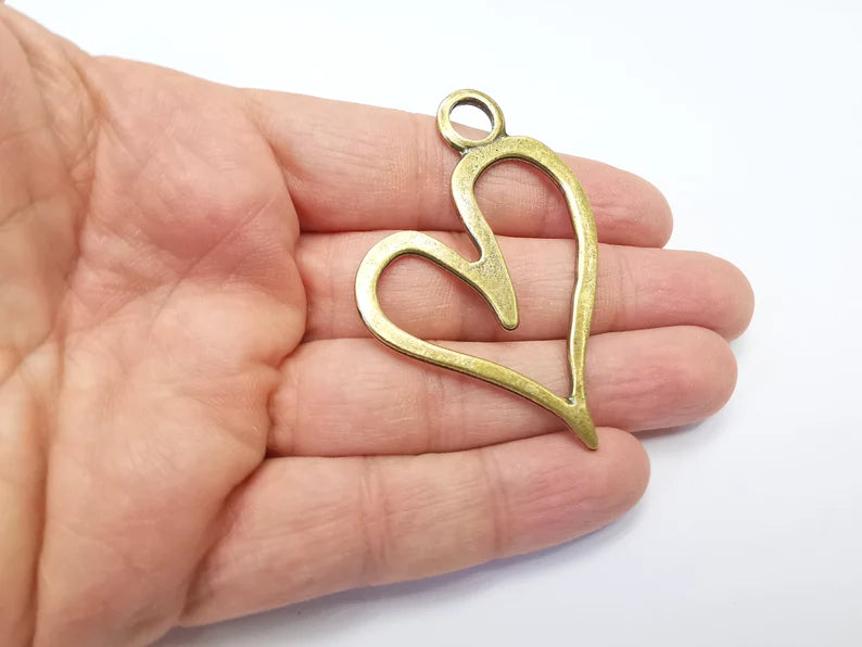 2 Hearts Charms, Antique Bronze Plated Dangle Charms (63x44mm) G33214