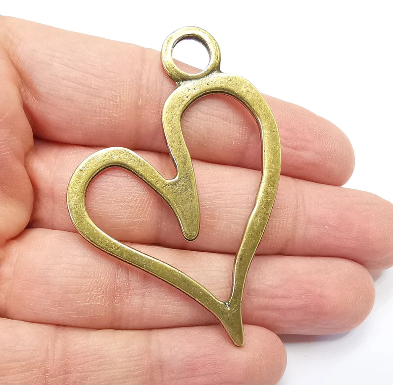 2 Hearts Charms, Antique Bronze Plated Dangle Charms (63x44mm) G33214