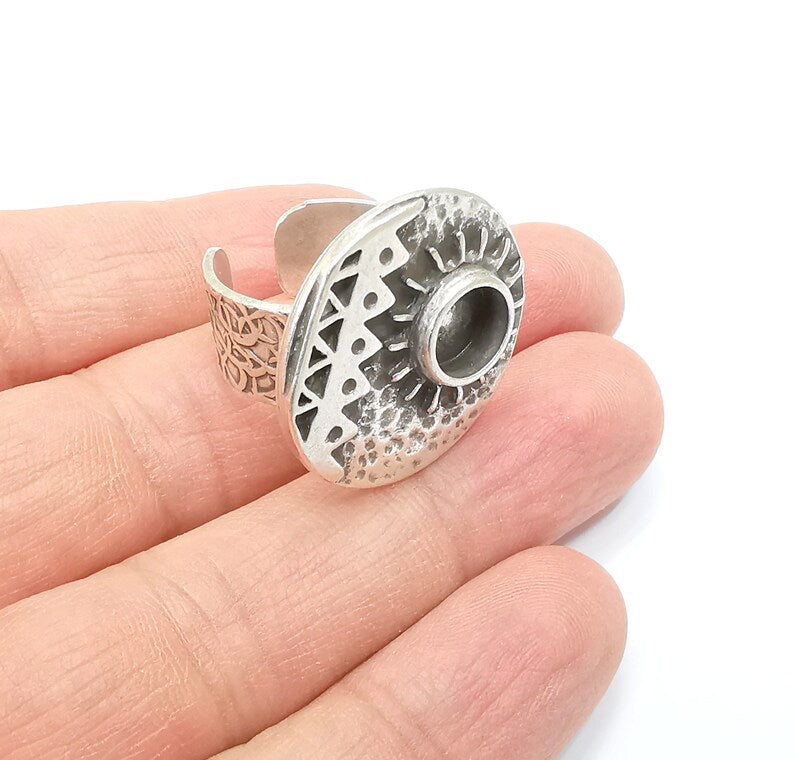 Sun Motif Ring Blank Setting, Cabochon Mounting, Adjustable Resin Base, Inlay Ring Mosaic Ring Bezel Antique Silver Plated (8mm) G33215
