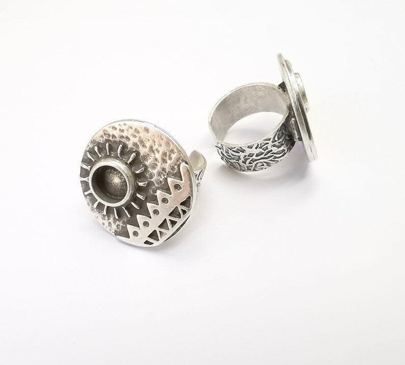 Sun Motif Ring Blank Setting, Cabochon Mounting, Adjustable Resin Base, Inlay Ring Mosaic Ring Bezel Antique Silver Plated (8mm) G33215