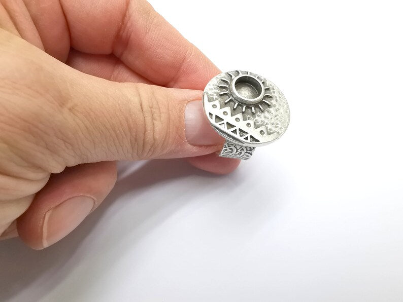 Sun Motif Ring Blank Setting, Cabochon Mounting, Adjustable Resin Base, Inlay Ring Mosaic Ring Bezel Antique Silver Plated (8mm) G33215